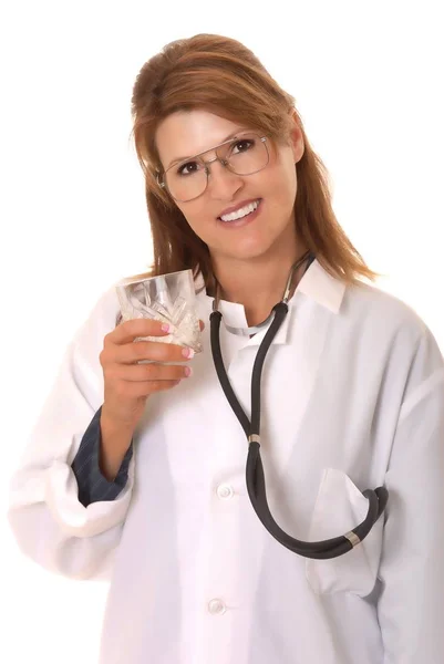 Precioso Joven Hermoso Doctor Enfermera Bebiendo Vaso Leche —  Fotos de Stock