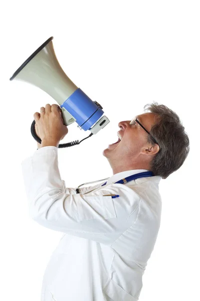 Profil Rozhodného Doktora Který Hlasitě Křičí Megafonu Izolované Bílém Pozadí — Stock fotografie