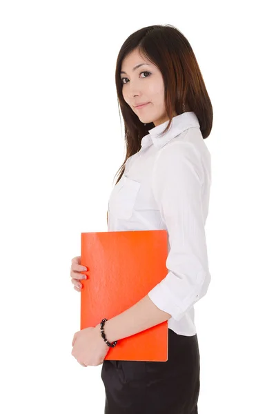Young Business Woman Asian Holding Red Document File Half Length — Stock Photo, Image