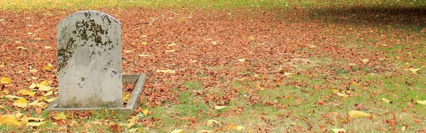 老墓碑在墓地里布满红色秋天的树叶 — 图库照片