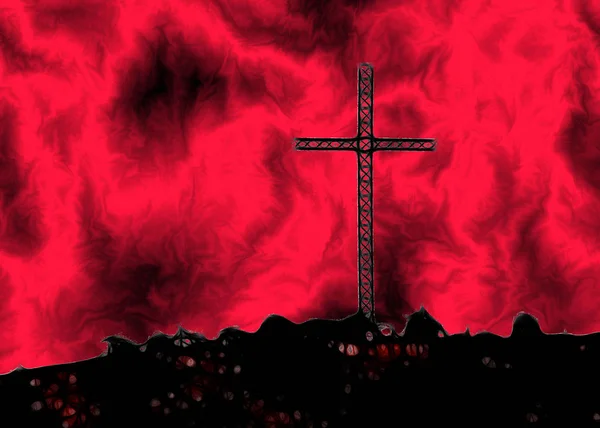 Christliches Kreuz Auf Hügel Mit Feuer Der Luft — Stockfoto
