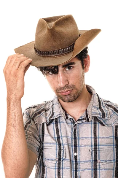 Young Man Wearing Cowboy Hat Isolated White — Stock Photo, Image