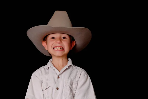 Giovane Ragazzo Indossando Cappello Cowboy Isolato Nero — Foto Stock