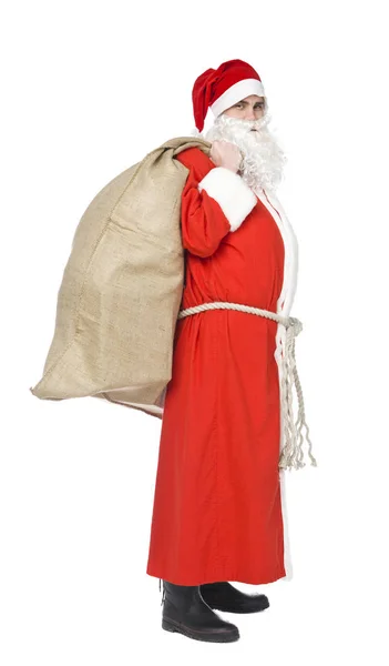 Santa Claus Mit Einem Sack Voller Geschenke Isoliert Auf Weiß — Stockfoto