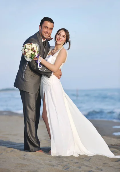 Happy Just Married Young Couple Celebrating Have Fun Beautiful Beach Stock Photo