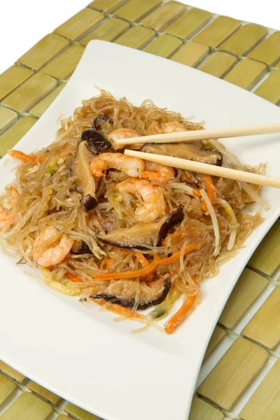 Spaghetti Chinois Aux Crevettes Aux Champignons — Photo