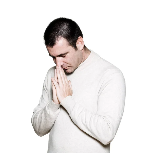 Портрет Религиозного Выразителя Молящегося Студии Белом Изолированном Фоне — стоковое фото