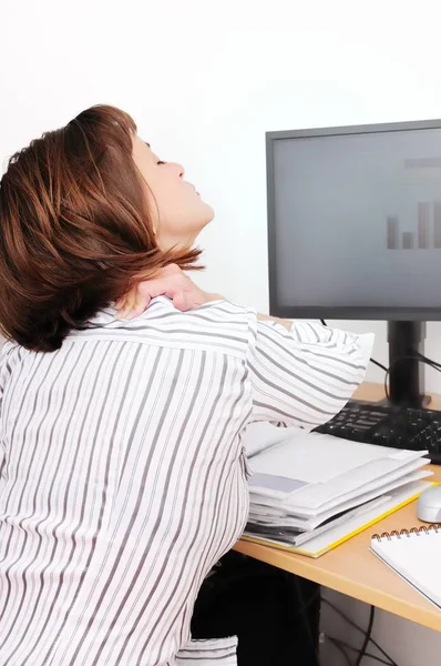 Business Woman Neck Pain Focus Hand Neck Blurred Monitor Documents — Stock Photo, Image