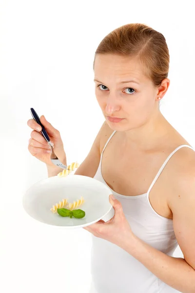 Jeune Femme Manger Des Pâtes Plaque Presque Vide — Photo