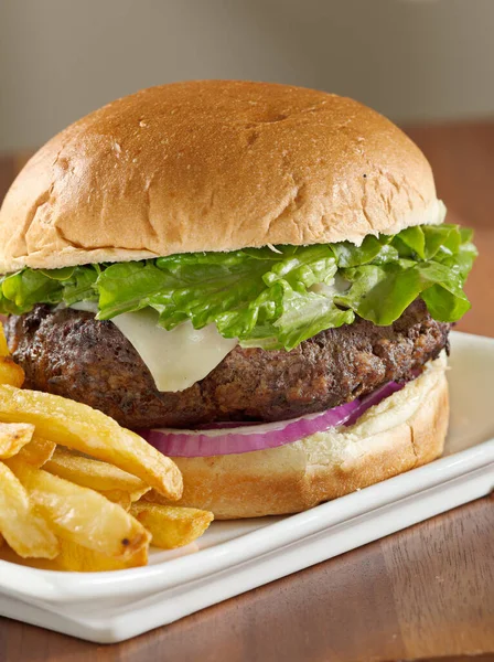 Cheeseburger Lettuce Onion Served Fries Selective Focus Burger — Stock Photo, Image