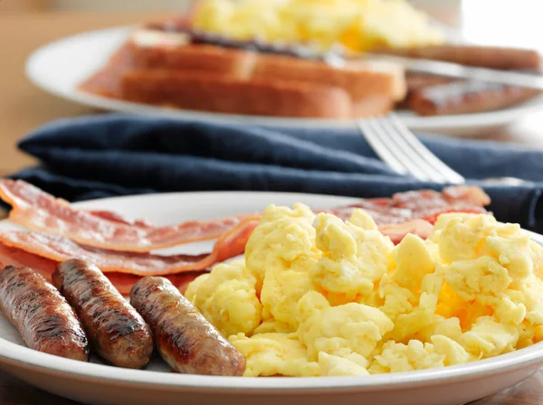 Breakfast Meal Sausage Scrambled Eggs Bacon — Stock Photo, Image