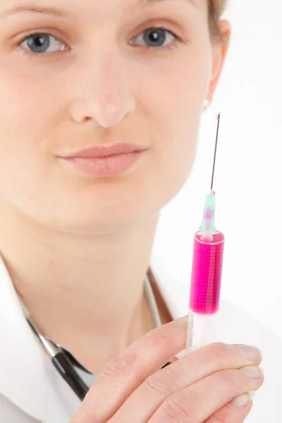 Young Female Doctor Nurse Gives Syringe — Stock Photo, Image