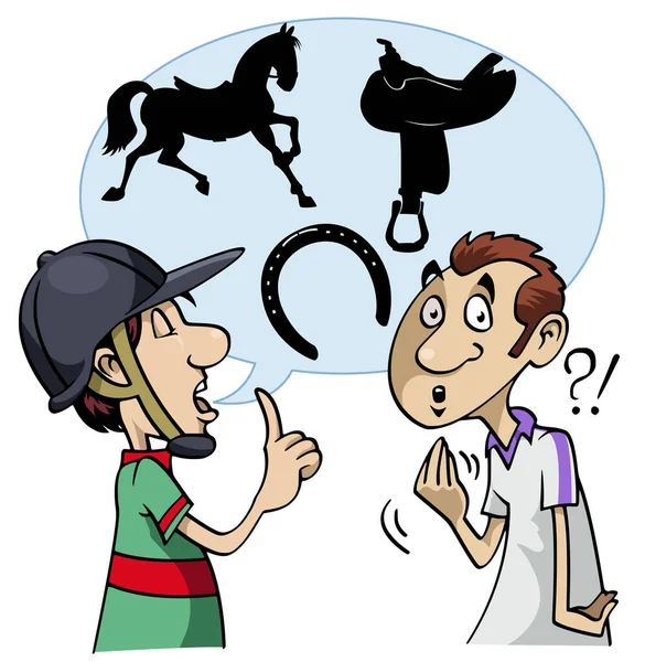 Desenhos Animados Ilustração Jovem Cavaleiro Fala Usando Gírias Equestres Interlocutor — Fotografia de Stock