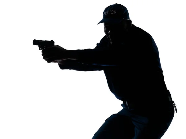 Silhouette Image Afro American Mature Police Officer Aiming Handgun Studio — Stock Photo, Image