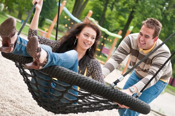 Young Couple Having Fun Outdoors Children Playground Stock Image