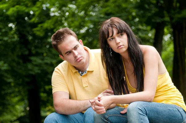 Young Couple Sitting Outdoors Bench Having Relationship Problems Stock Image