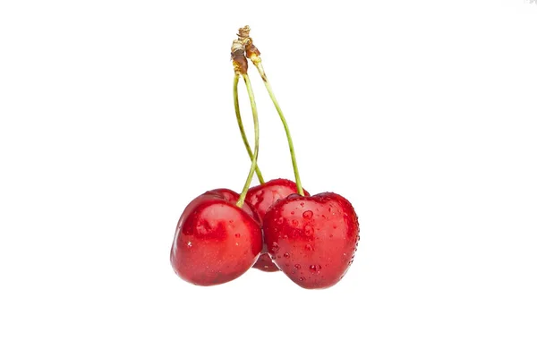 Trois Cerises Rouges Isolées Sur Fond Blanc — Photo