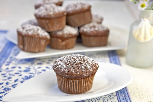 Frisch Gebackene Schokoladenmuffins Mit Puderzucker Bestreut — Stockfoto