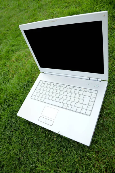 Biały Laptop Zewnątrz Zielonej Trawie — Zdjęcie stockowe