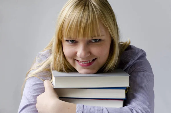 Jong Aantrekkelijk Gelukkig Vrouw Met Boeken — Stockfoto