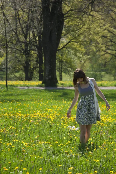 Genç Kadın Bahar Çayırlarında Geziniyor — Stok fotoğraf