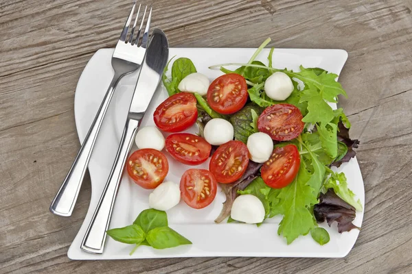 Tomato Mozzarella Lettuce White Plate — Stock Photo, Image