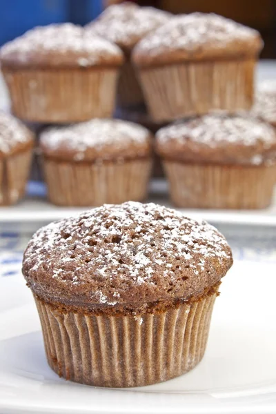 Muffin Cioccolato Appena Sfornati Cosparsi Zucchero Velo — Foto Stock