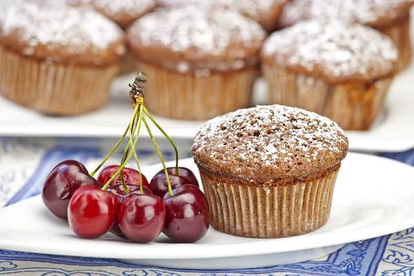 Frisch Gebackene Schokoladenmuffins Mit Puderzucker Bestreut — Stockfoto