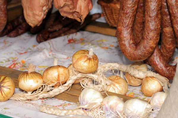 Cebolla Tradicional Salchichas Mercado Callejero — Foto de Stock