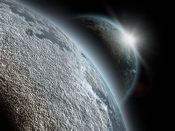 Planeta Kosmosie Wschodzącym Słońcem — Zdjęcie stockowe