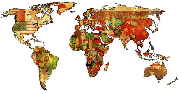 Vecchia Mappa Politica Del Mondo Con Bandiera Angola — Foto Stock