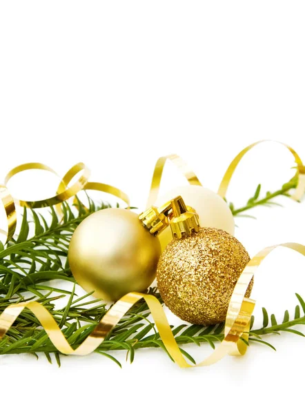 Celebrating Christmas Pine Tree Branch Golden Baubles Isolated White Background Royalty Free Stock Photos