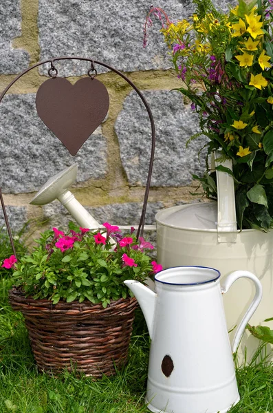 Garden Decoration Kanne Flowers — 스톡 사진