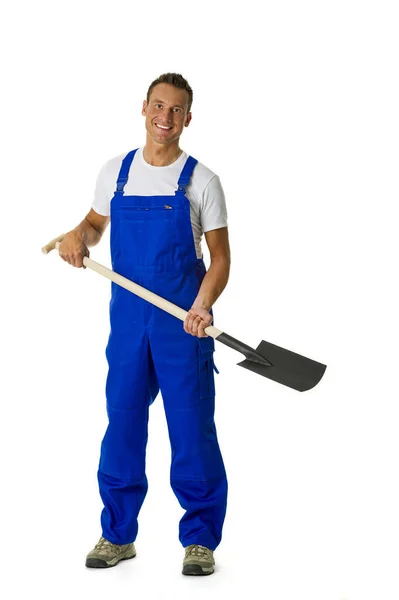 Portrait Happy Smiling Man Shovel White Background — Stock Photo, Image