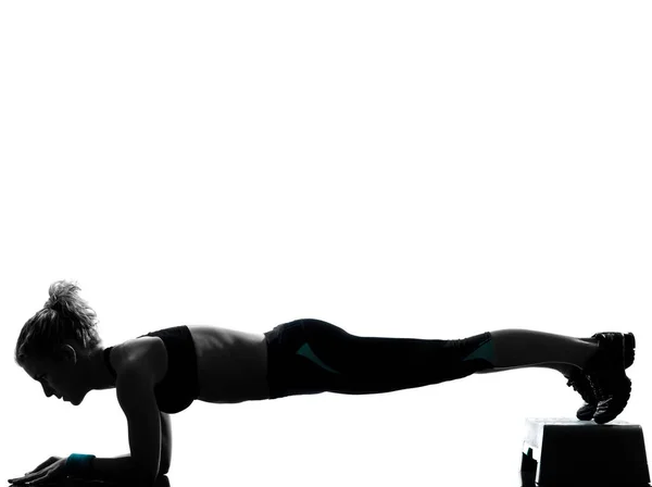 Une Femme Séance Entraînement Fitness Exercice Aérobie Abdominaux Push Ups — Photo