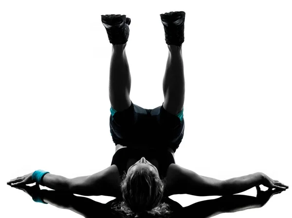 One Woman Exercising Workout Fitness Aerobic Exercise Abdominals Push Ups — Stock Photo, Image