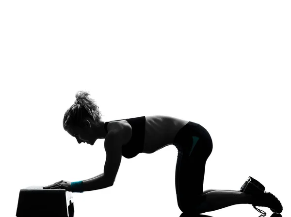 Una Mujer Ejercitando Ejercicio Fitness Aeróbico Ejercicio Abdominales Flexiones Postura — Foto de Stock