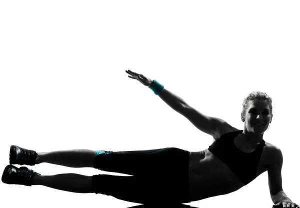 Una Mujer Ejercitando Ejercicio Fitness Aeróbico Ejercicio Abdominales Flexiones Postura —  Fotos de Stock
