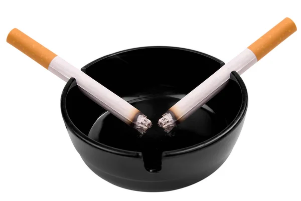 Cigarettes Dans Cendrier Noir Isolées Sur Fond Blanc Avec Chemin — Photo