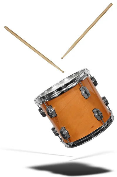 Close Side View Snare Drum Floating Drum Sticks Isolated White — Stok fotoğraf