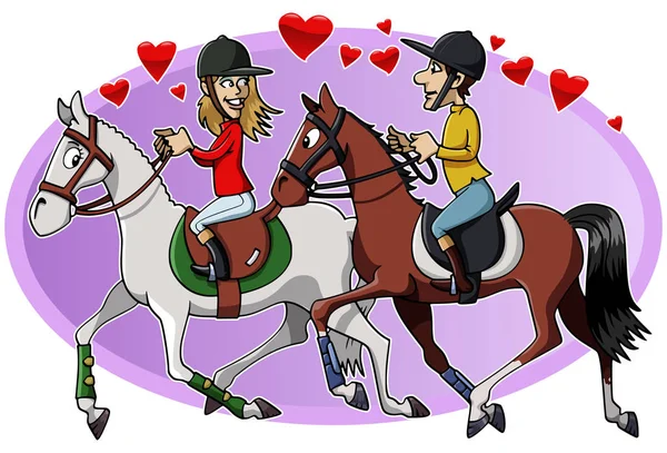 Ilustración Dibujos Animados Dos Jóvenes Amantes Montando Sus Caballos Lindos — Foto de Stock