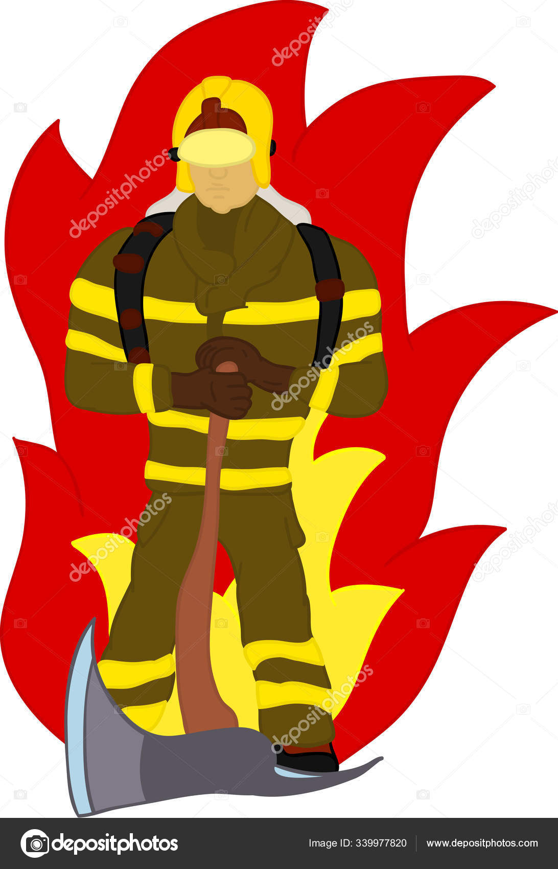Vector Firefighter Axe Fire Hand Draw Isolated Background Stock