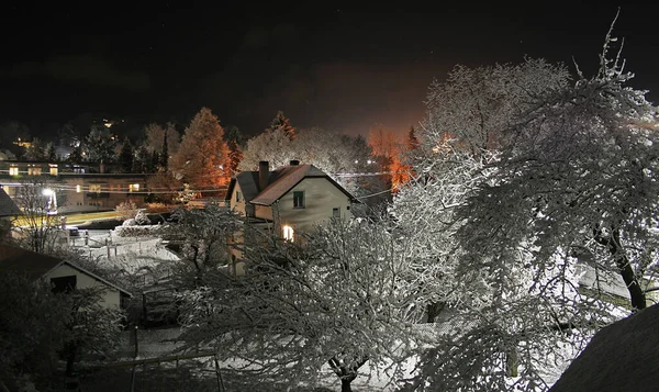 Zimowy Krajobraz Pokrytymi Śniegiem Domami — Zdjęcie stockowe