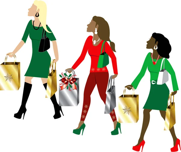 Vector Ilustração Três Mulheres Compras Natal Com Bolsas Vestidas Moda — Fotografia de Stock