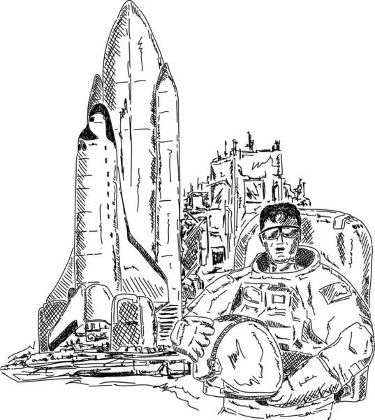 Vettore Astronauta Con Navetta Spaziale Disegnare Mano — Foto Stock