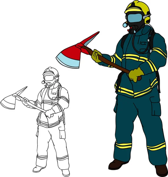 ベクトル 斧を持つ消防士 手描き 背景に隔離された — ストック写真