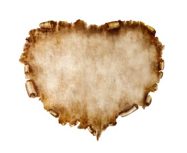 Blank heart-shaped vintage piece of parchment. Valentines Day Card love letter background isolated on white. clipart