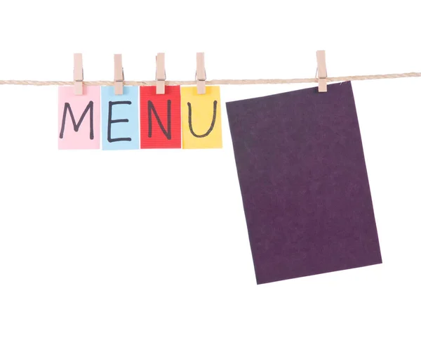 Menu Mots Colorés Accrochés Corde Par Cheville Bois — Photo