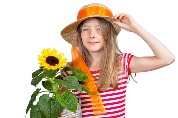 Meisje Bloem Zonnebloem Tuin — Stockfoto