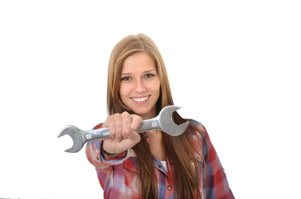 Smiling Young Woman Showing Wrench Camera — Stock Photo, Image